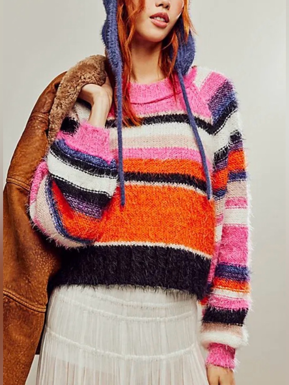 Free People Snowbird Fuzzy Striped Cropped Sweater Multicolor Pink Orange Size M